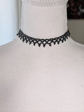 Vintage Gothic Black Beaded Lace Choker Necklace - Unbranded